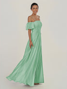 KissDress-Olia Pale Blush A Line Chiffon Off the Shoulder Long Bridesmaid Dress with Slit
