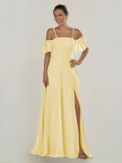 KissDress-Olia Pastel Yellow A Line Chiffon Off the Shoulder Long Bridesmaid Dress with Slit