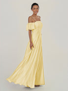 KissDress-Olia Pastel Yellow A Line Chiffon Off the Shoulder Long Bridesmaid Dress with Slit