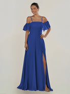 KissDress-Olia Royal Blue A Line Chiffon Off the Shoulder Long Bridesmaid Dress with Slit