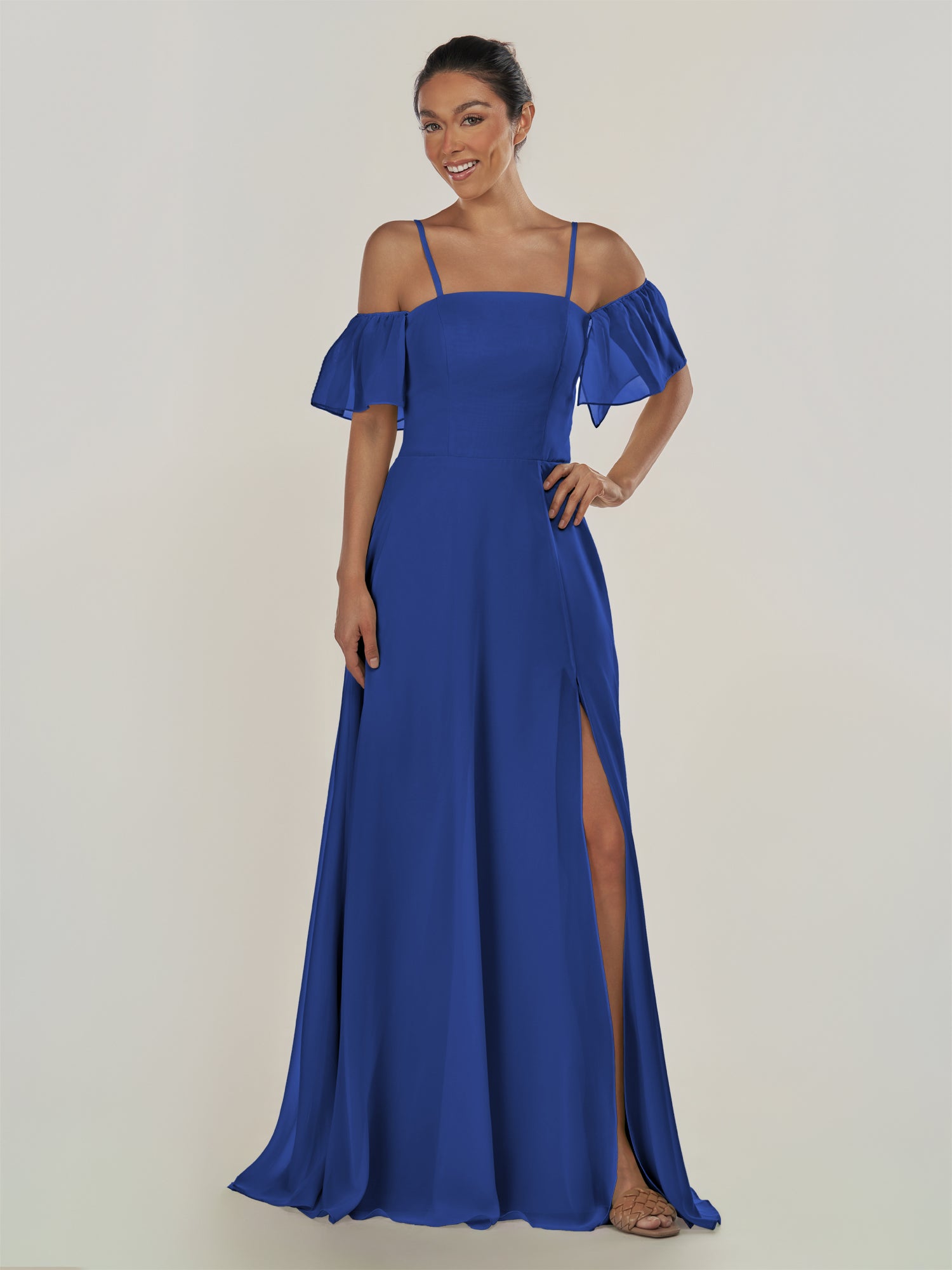 KissDress-Olia Royal Blue A Line Chiffon Off the Shoulder Long Bridesmaid Dress with Slit