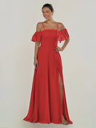 KissDress-Olia Ruby Red A Line Chiffon Off the Shoulder Long Bridesmaid Dress with Slit