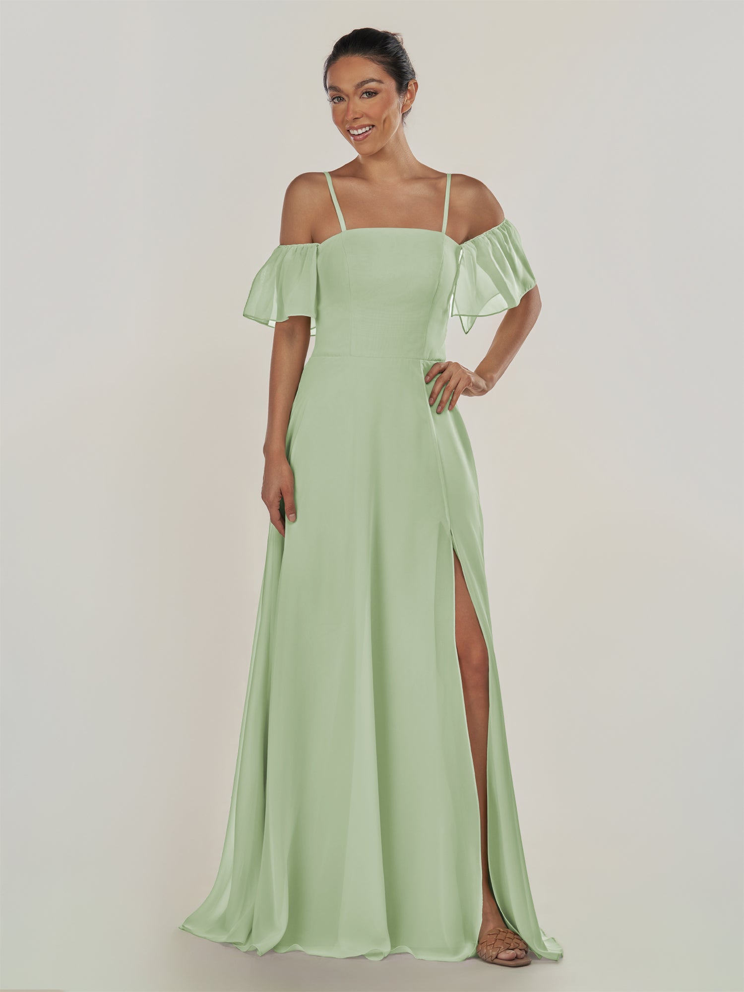 KissDress-Olia Sage A Line Chiffon Off the Shoulder Long Bridesmaid Dress with Slit