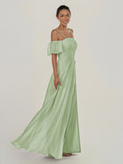 KissDress-Olia Sage A Line Chiffon Off the Shoulder Long Bridesmaid Dress with Slit