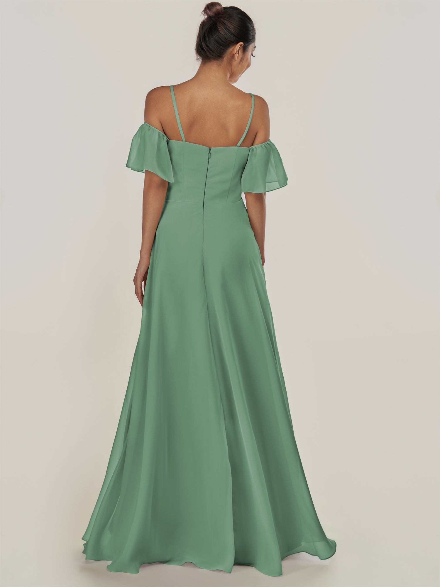 KissDress-Olia Sea Glass A Line Chiffon Off the Shoulder Long Bridesmaid Dress with Slit