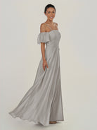 KissDress-Olia Silver A Line Chiffon Off the Shoulder Long Bridesmaid Dress with Slit