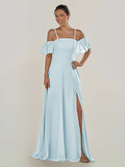 KissDress-Olia Sky Blue A Line Chiffon Off the Shoulder Long Bridesmaid Dress with Slit