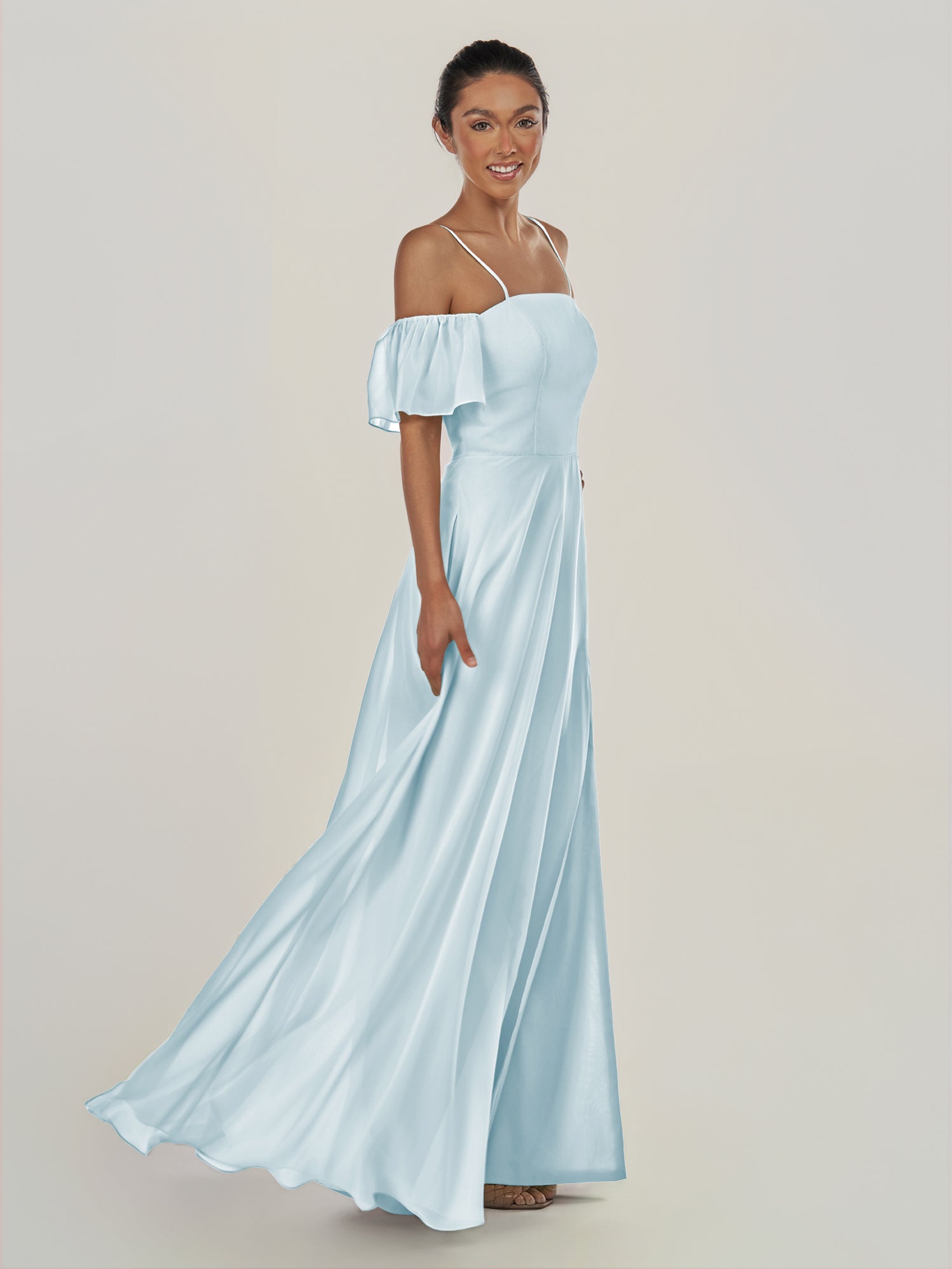 KissDress-Olia Sky Blue A Line Chiffon Off the Shoulder Long Bridesmaid Dress with Slit