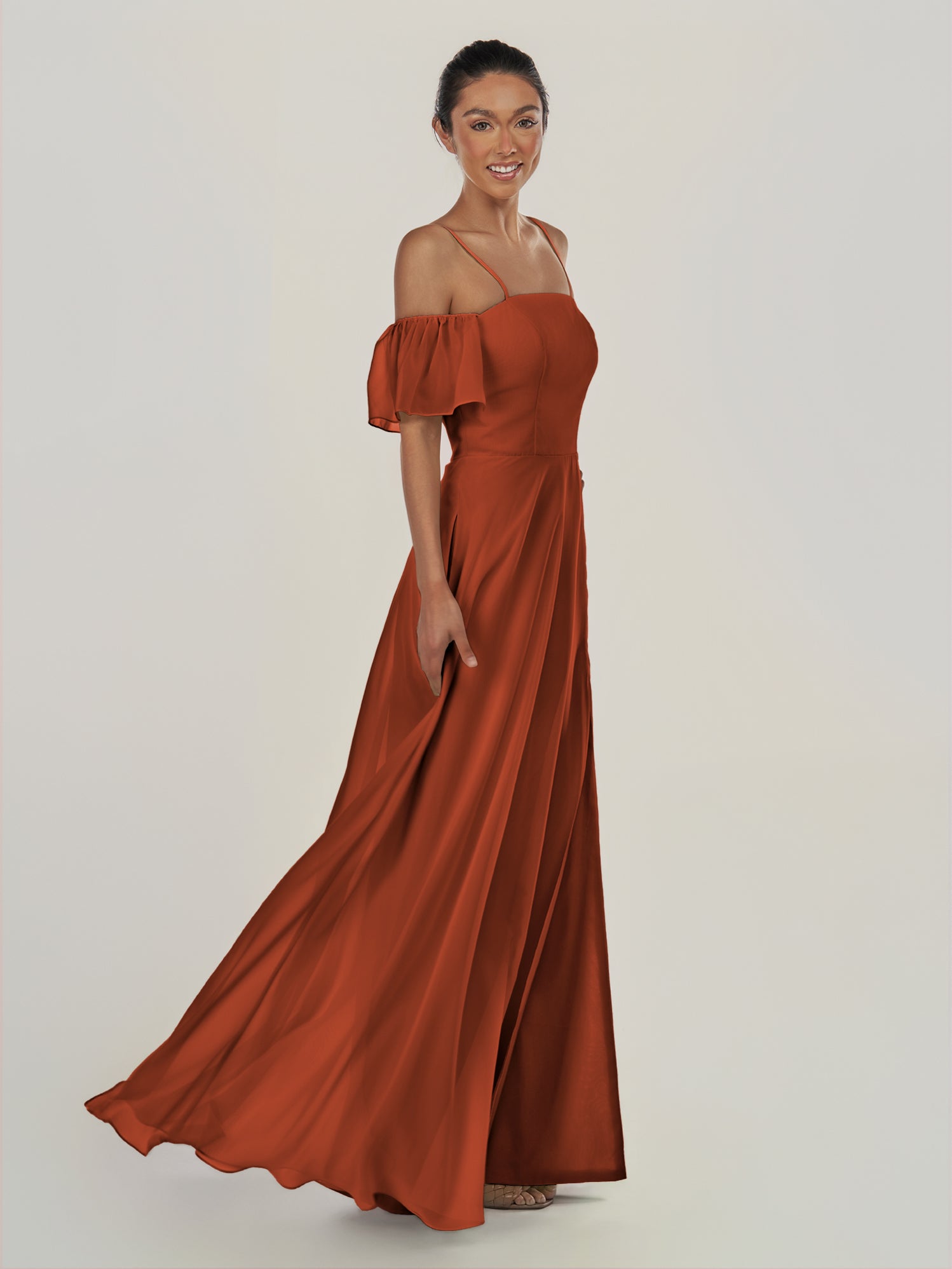 KissDress-Olia Spice A Line Chiffon Off the Shoulder Long Bridesmaid Dress with Slit