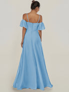 KissDress-Olia Steel Blue A Line Chiffon Off the Shoulder Long Bridesmaid Dress with Slit