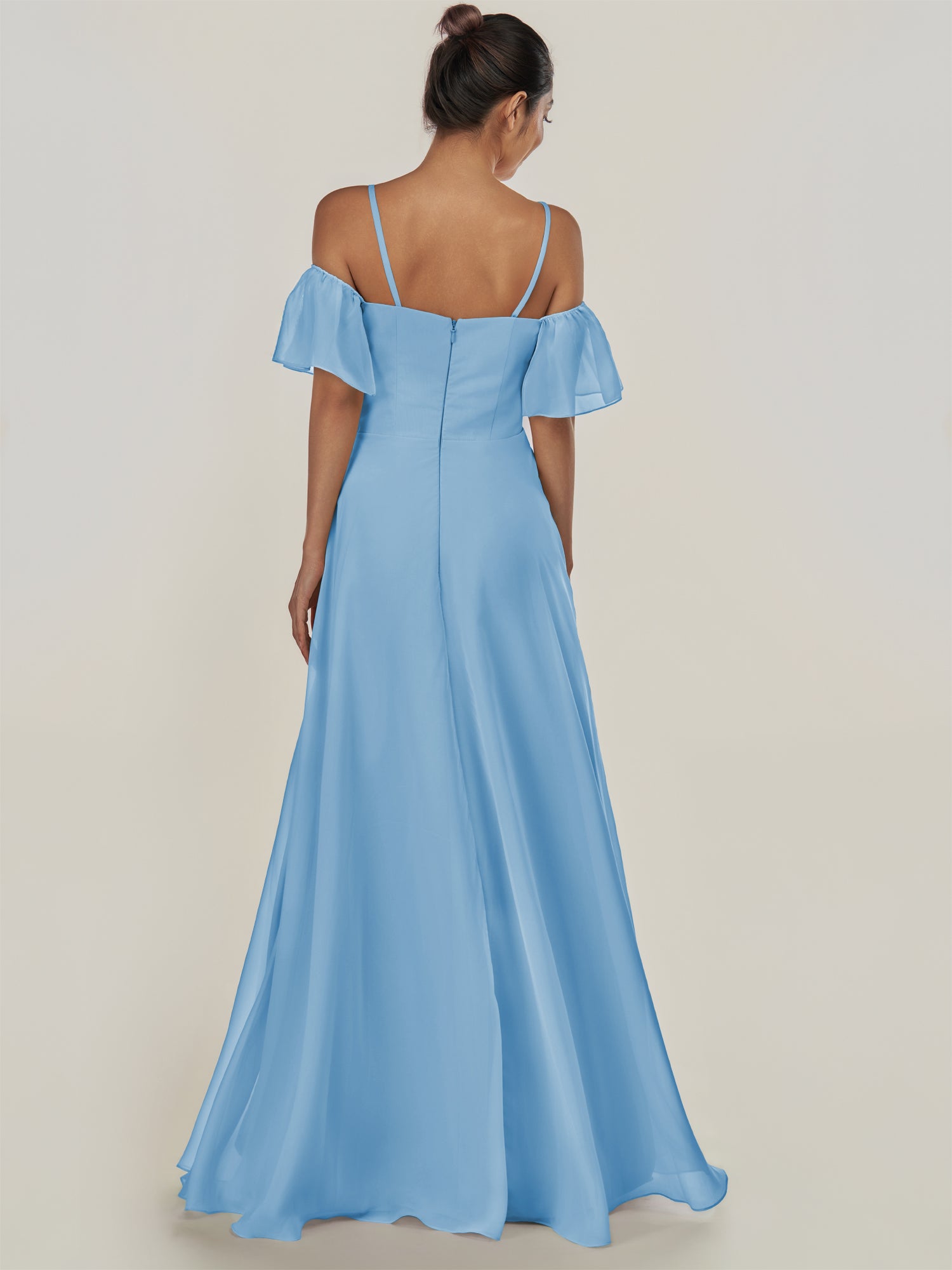 KissDress-Olia Steel Blue A Line Chiffon Off the Shoulder Long Bridesmaid Dress with Slit