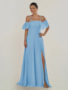 KissDress-Olia Steel Blue A Line Chiffon Off the Shoulder Long Bridesmaid Dress with Slit