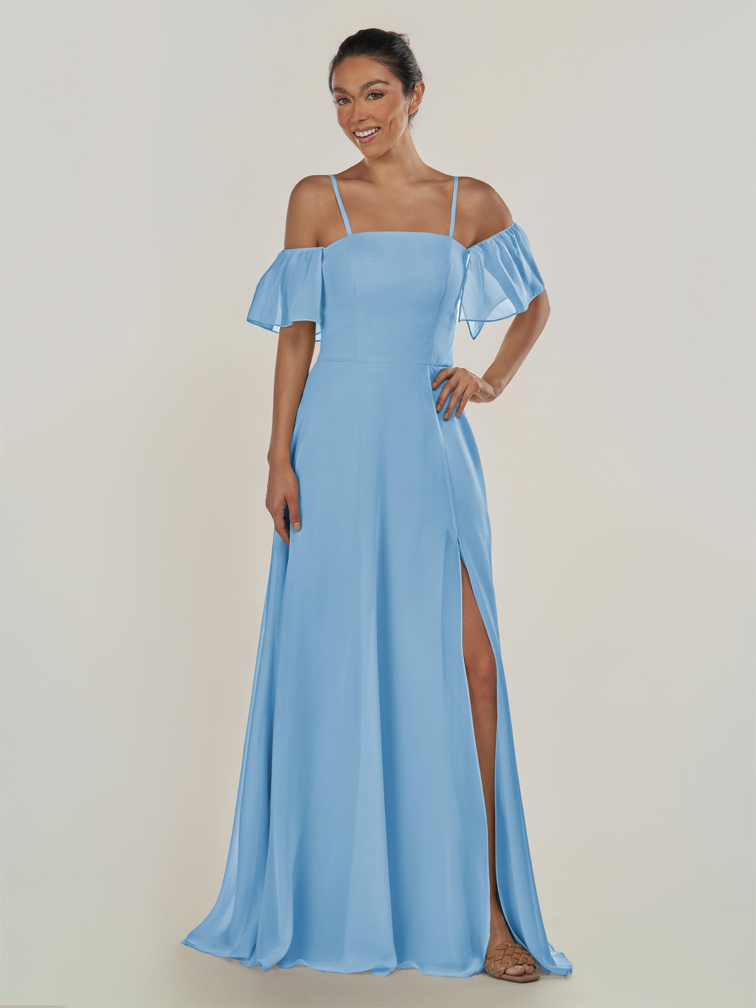 KissDress-Olia Steel Blue A Line Chiffon Off the Shoulder Long Bridesmaid Dress with Slit