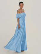 KissDress-Olia Steel Blue A Line Chiffon Off the Shoulder Long Bridesmaid Dress with Slit