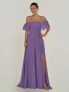 KissDress-Olia Tahiti A Line Chiffon Off the Shoulder Long Bridesmaid Dress with Slit