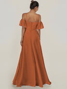 KissDress-Olia Terracotta A Line Chiffon Off the Shoulder Long Bridesmaid Dress with Slit