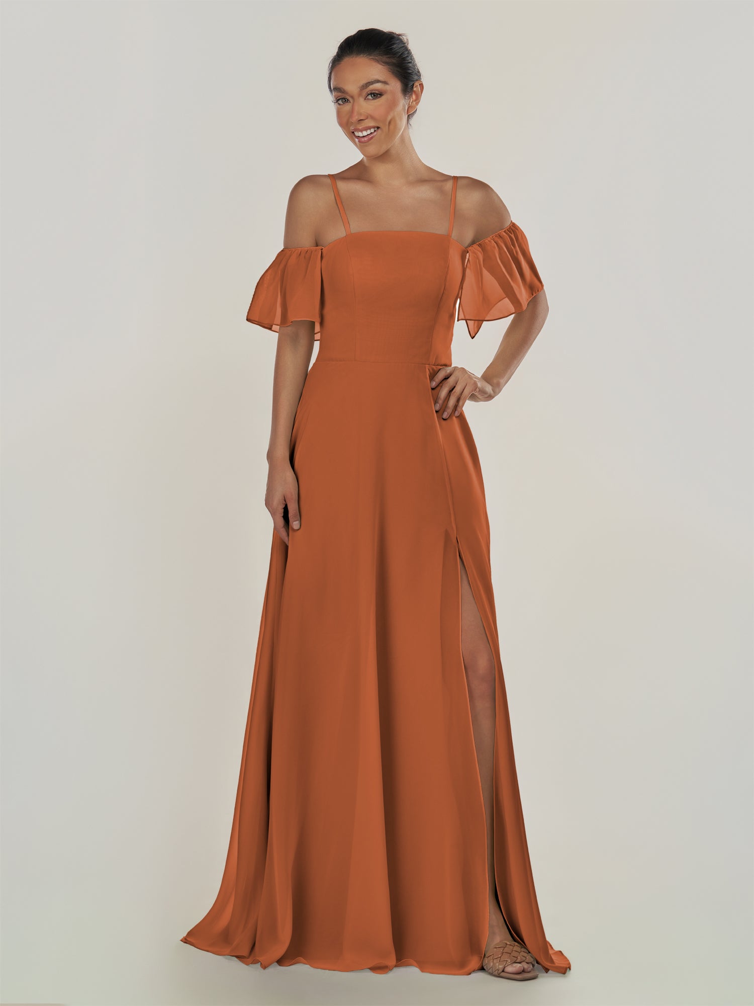 KissDress-Olia Terracotta A Line Chiffon Off the Shoulder Long Bridesmaid Dress with Slit