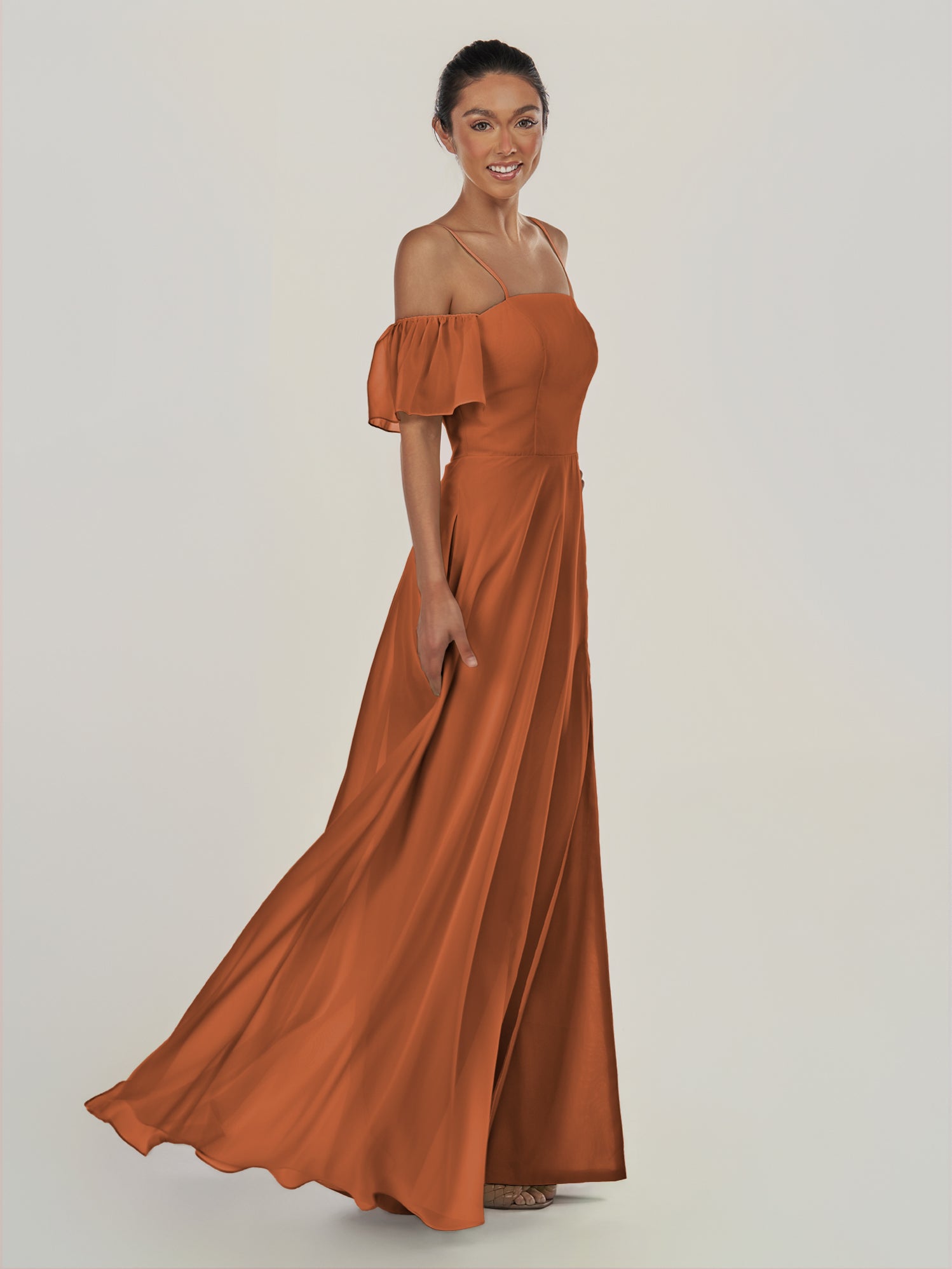 KissDress-Olia Terracotta A Line Chiffon Off the Shoulder Long Bridesmaid Dress with Slit