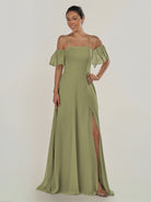 KissDress-Olia Thyme A Line Chiffon Off the Shoulder Long Bridesmaid Dress with Slit