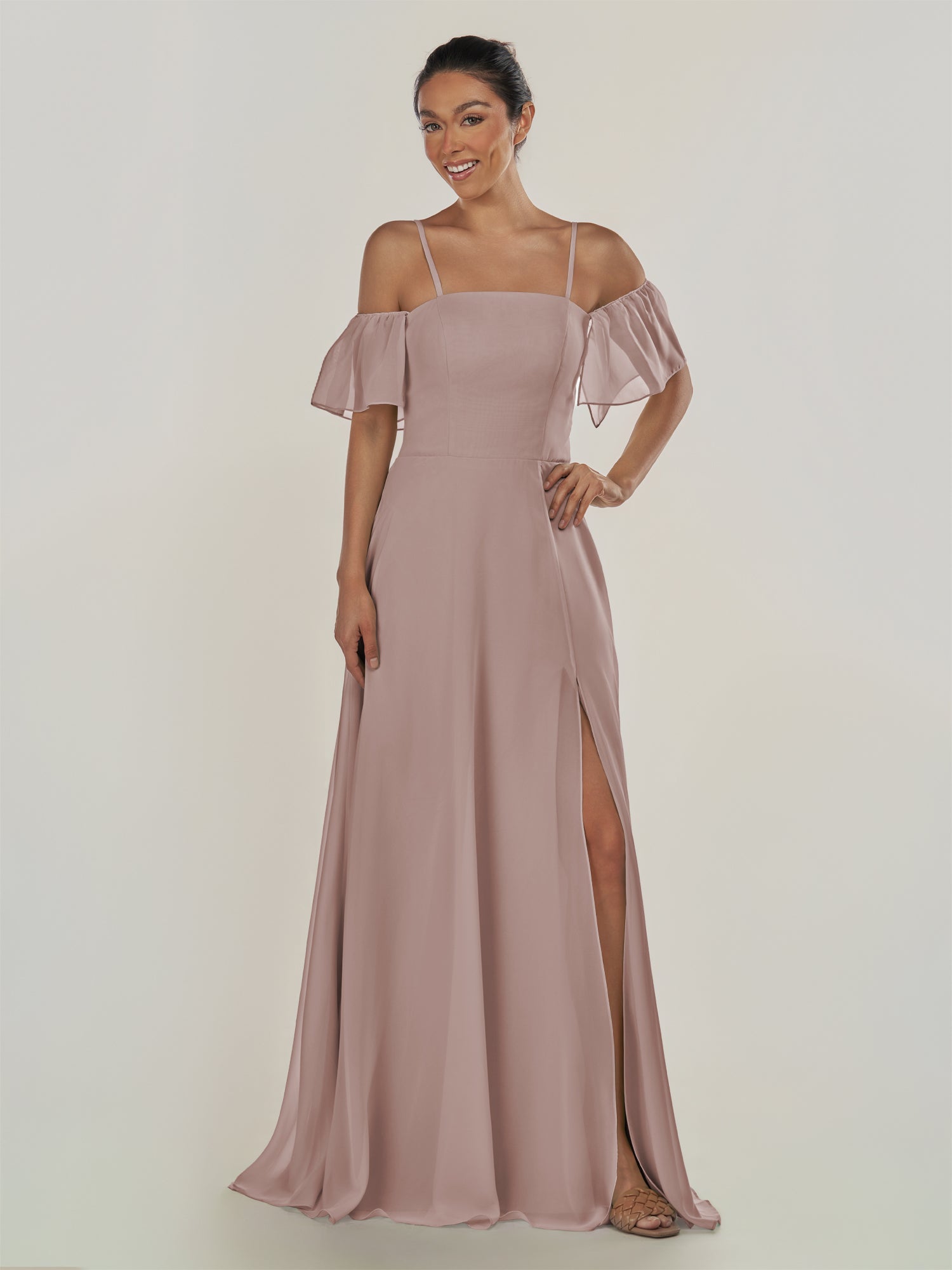 KissDress-Olia Toffee A Line Chiffon Off the Shoulder Long Bridesmaid Dress with Slit