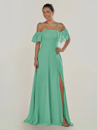 KissDress-Olia Turquoise A Line Chiffon Off the Shoulder Long Bridesmaid Dress with Slit
