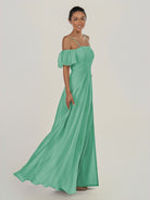KissDress-Olia Turquoise A Line Chiffon Off the Shoulder Long Bridesmaid Dress with Slit