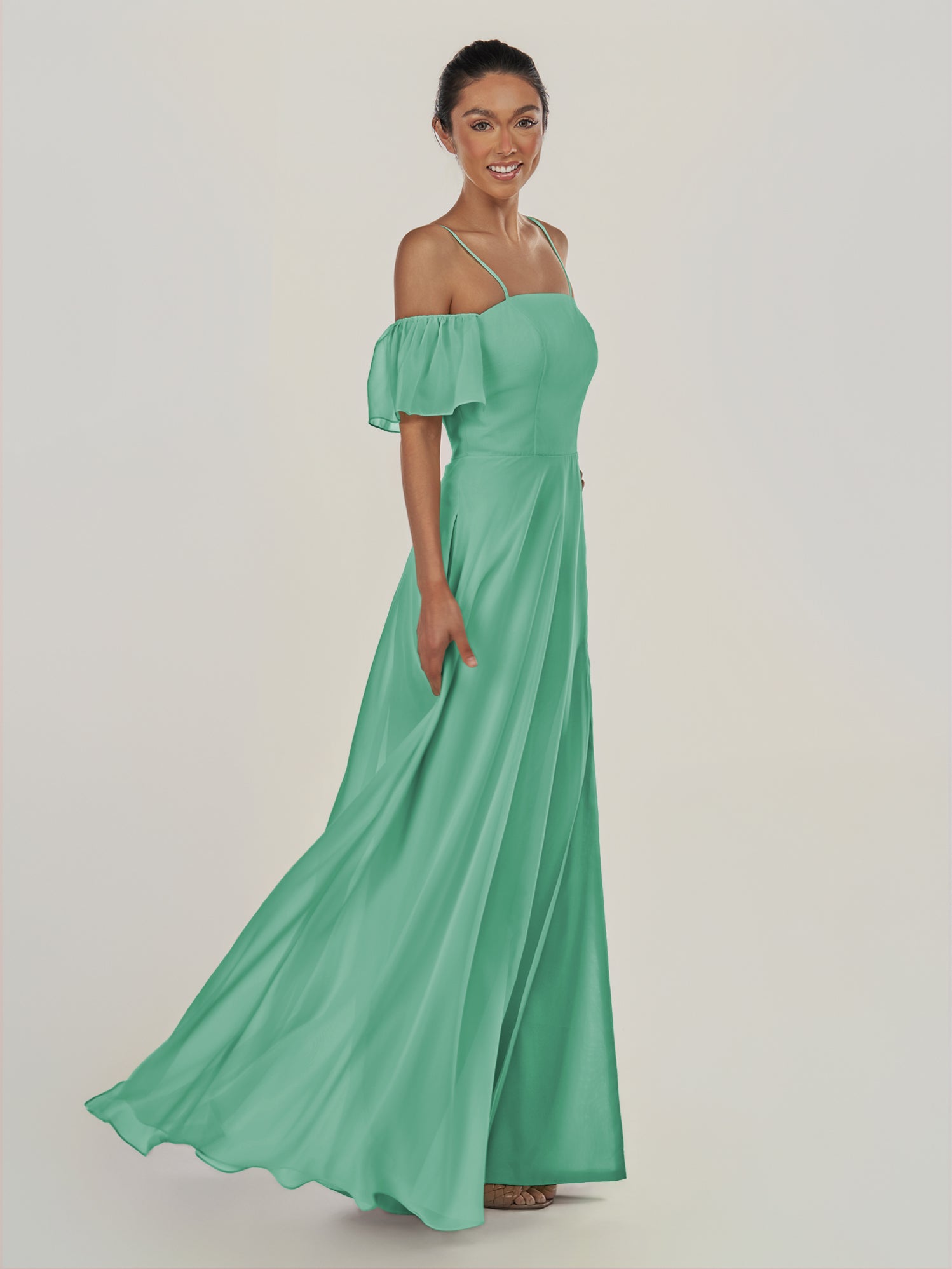 KissDress-Olia Turquoise A Line Chiffon Off the Shoulder Long Bridesmaid Dress with Slit