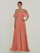 KissDress-Olia Wild Rose A Line Chiffon Off the Shoulder Long Bridesmaid Dress with Slit