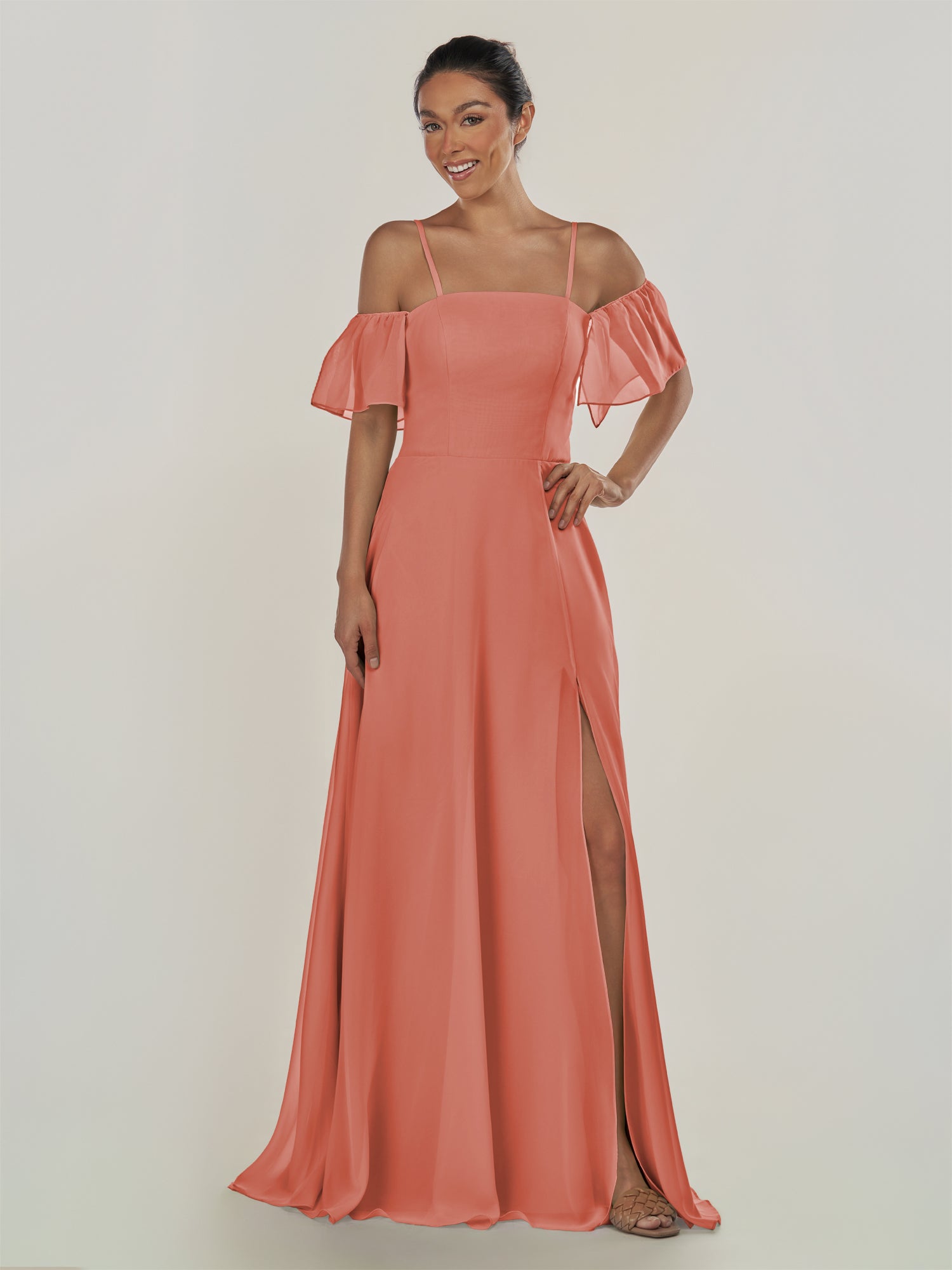 KissDress-Olia Wild Rose A Line Chiffon Off the Shoulder Long Bridesmaid Dress with Slit