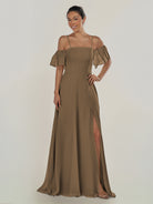 KissDress-Olia Willow Green A Line Chiffon Off the Shoulder Long Bridesmaid Dress with Slit
