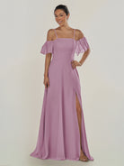 KissDress-Olia Wisteria A Line Chiffon Off the Shoulder Long Bridesmaid Dress with Slit