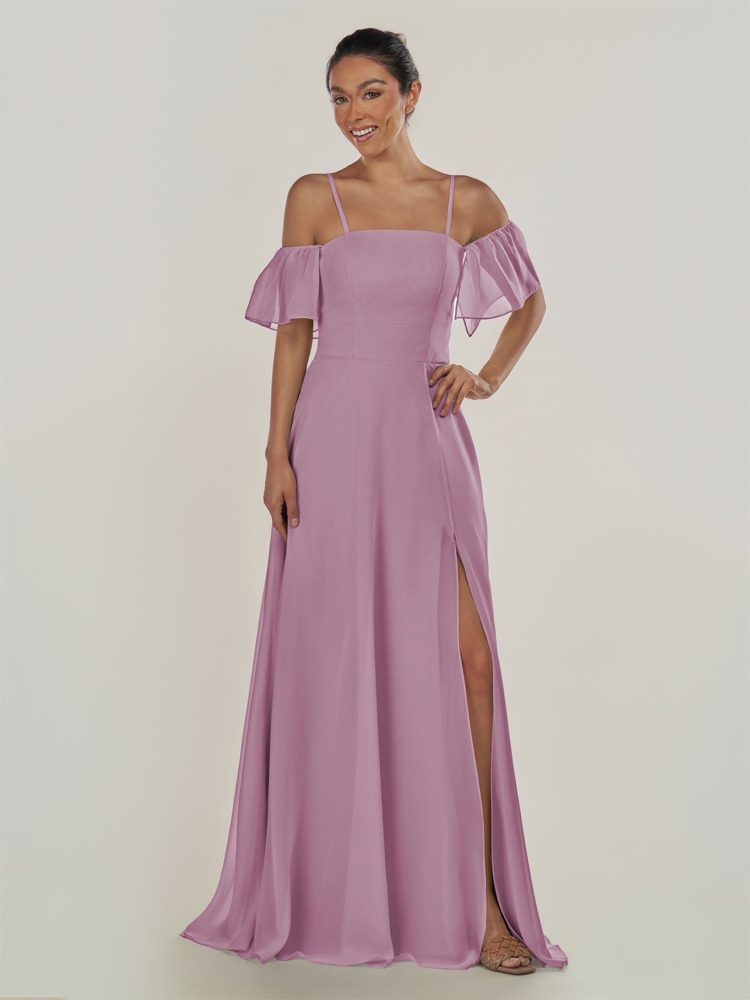 KissDress-Olia Wisteria A Line Chiffon Off the Shoulder Long Bridesmaid Dress with Slit