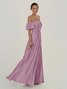 KissDress-Olia Wisteria A Line Chiffon Off the Shoulder Long Bridesmaid Dress with Slit