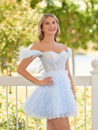 Olivia | A Line Off the Shoulder Sky Blue Homecoming Dress with Feather - KissDress