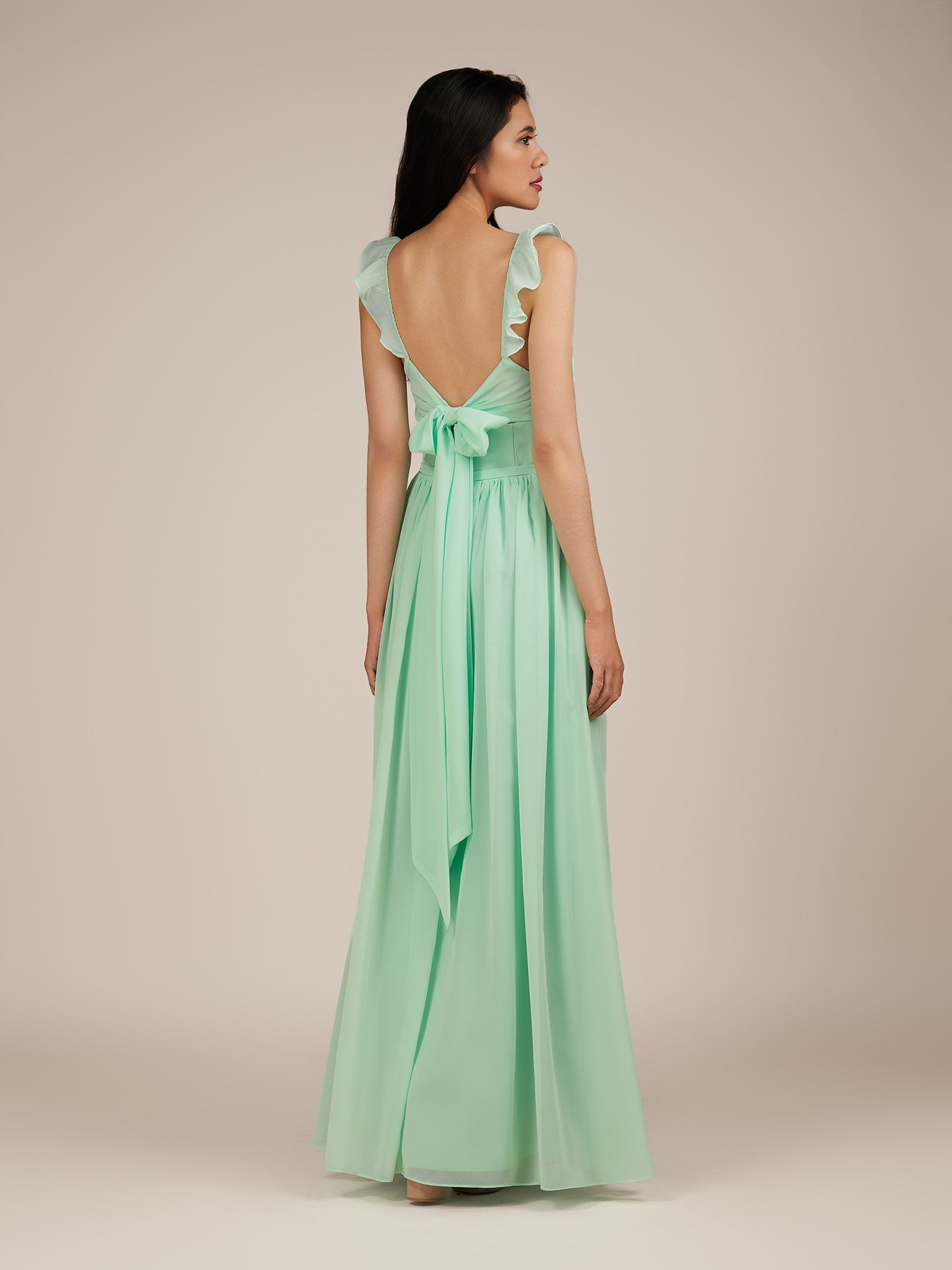 KissDress-Onyx Pale Pistachio A Line Sweetheart Chiffon Ruffled Long Bridesmaid Dress with Slit