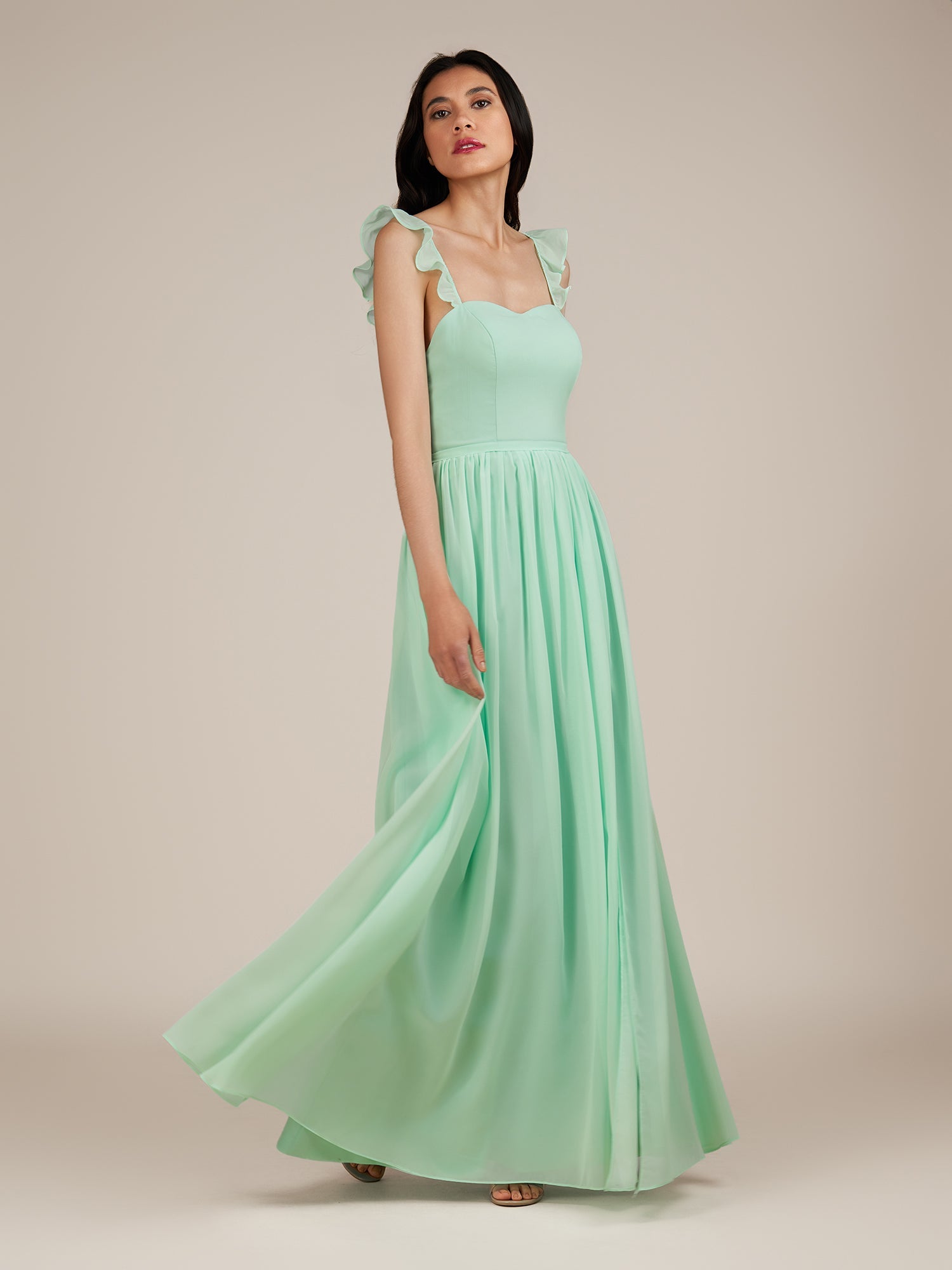 KissDress-Onyx Pale Pistachio A Line Sweetheart Chiffon Ruffled Long Bridesmaid Dress with Slit