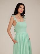 KissDress-Onyx Pale Pistachio A Line Sweetheart Chiffon Ruffled Long Bridesmaid Dress with Slit