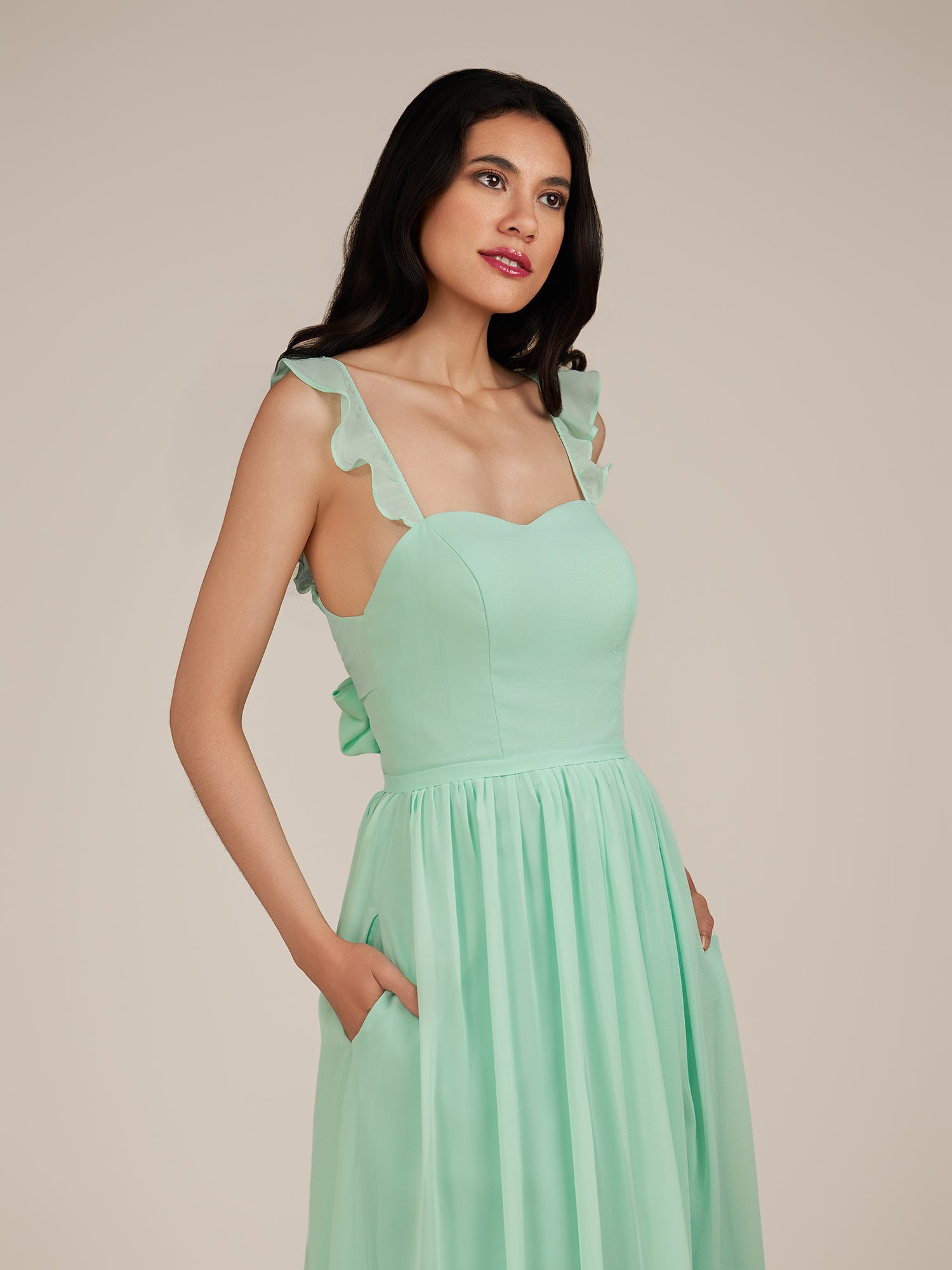 KissDress-Onyx Pale Pistachio A Line Sweetheart Chiffon Ruffled Long Bridesmaid Dress with Slit