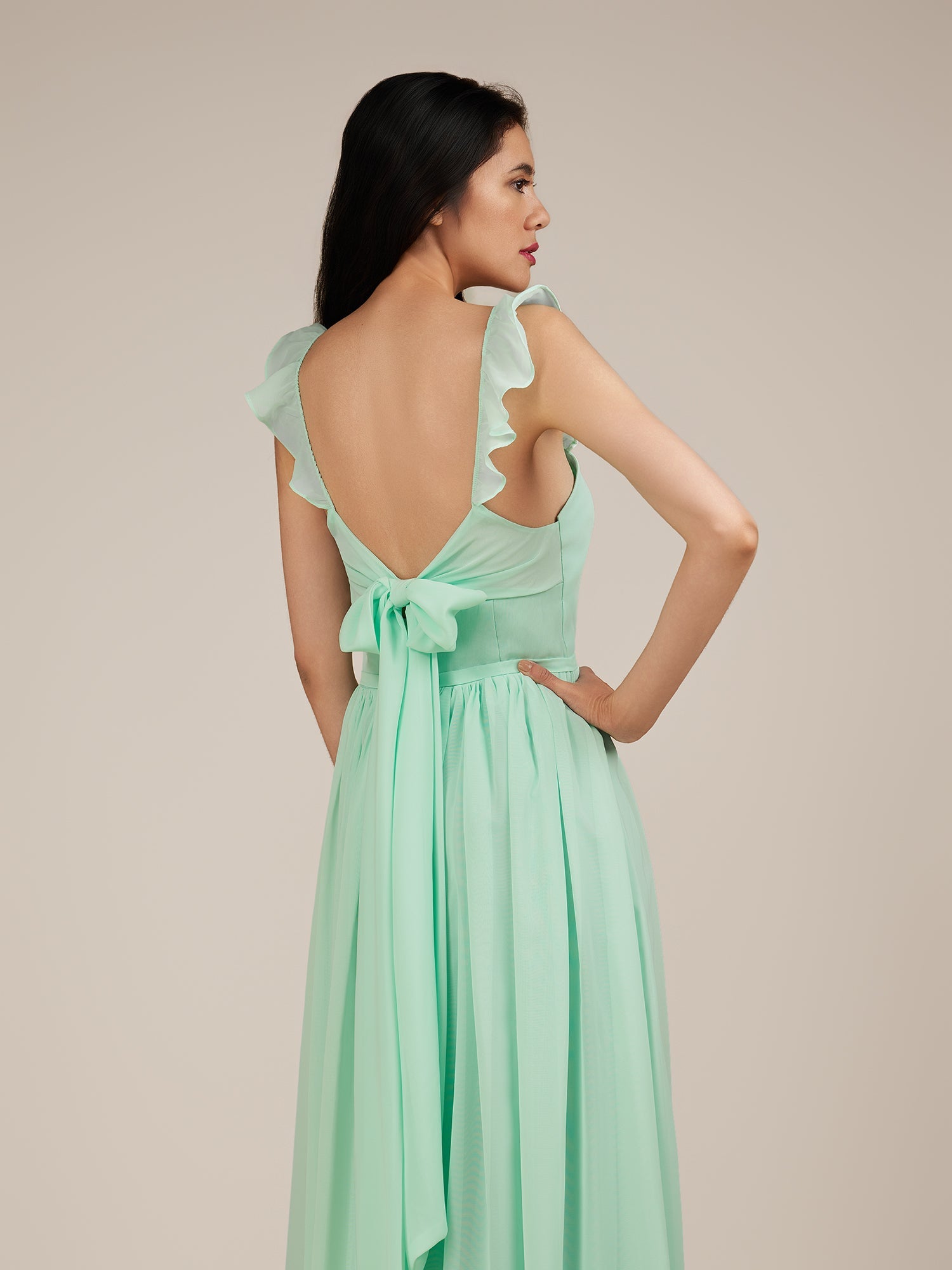 KissDress-Onyx Pale Pistachio A Line Sweetheart Chiffon Ruffled Long Bridesmaid Dress with Slit