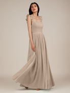 KissDress-Onyx Almond A Line Sweetheart Chiffon Ruffled Long Bridesmaid Dress with Slit
