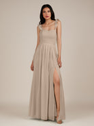 KissDress-Onyx Almond A Line Sweetheart Chiffon Ruffled Long Bridesmaid Dress with Slit