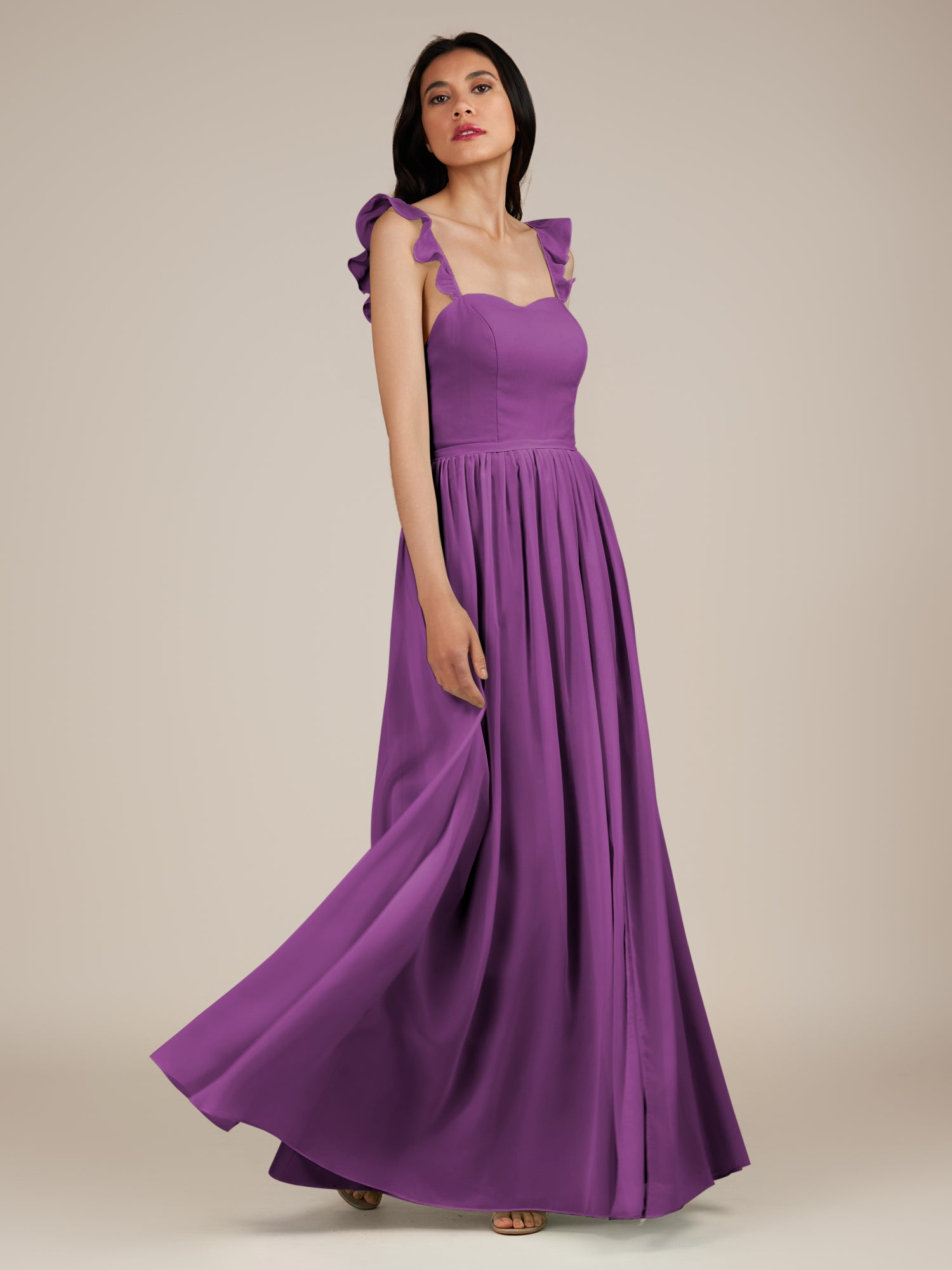 KissDress-Onyx Amethyst A Line Sweetheart Chiffon Ruffled Long Bridesmaid Dress with Slit