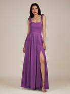 KissDress-Onyx Amethyst A Line Sweetheart Chiffon Ruffled Long Bridesmaid Dress with Slit