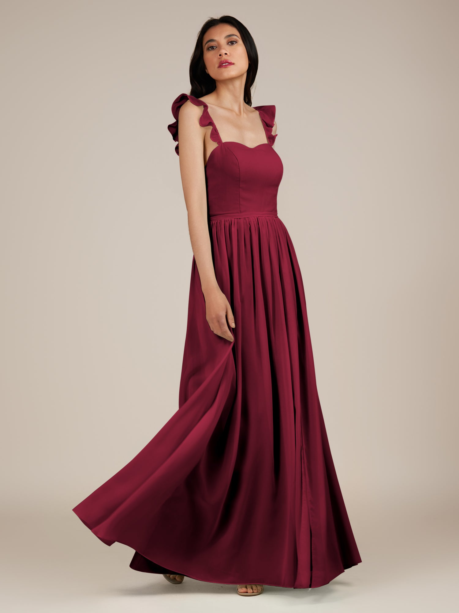 KissDress-Onyx Berry A Line Sweetheart Chiffon Ruffled Long Bridesmaid Dress with Slit