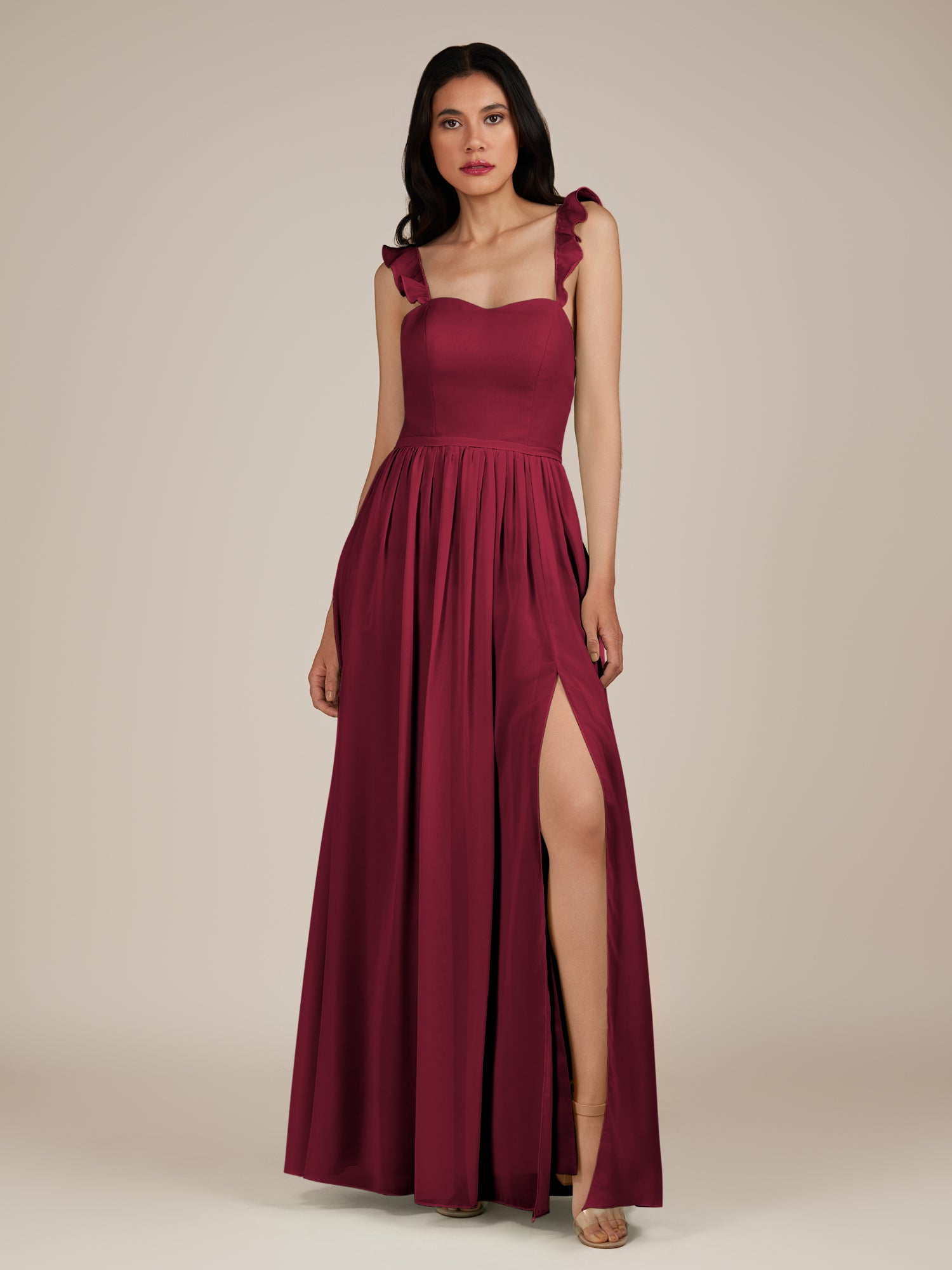 KissDress-Onyx Berry A Line Sweetheart Chiffon Ruffled Long Bridesmaid Dress with Slit