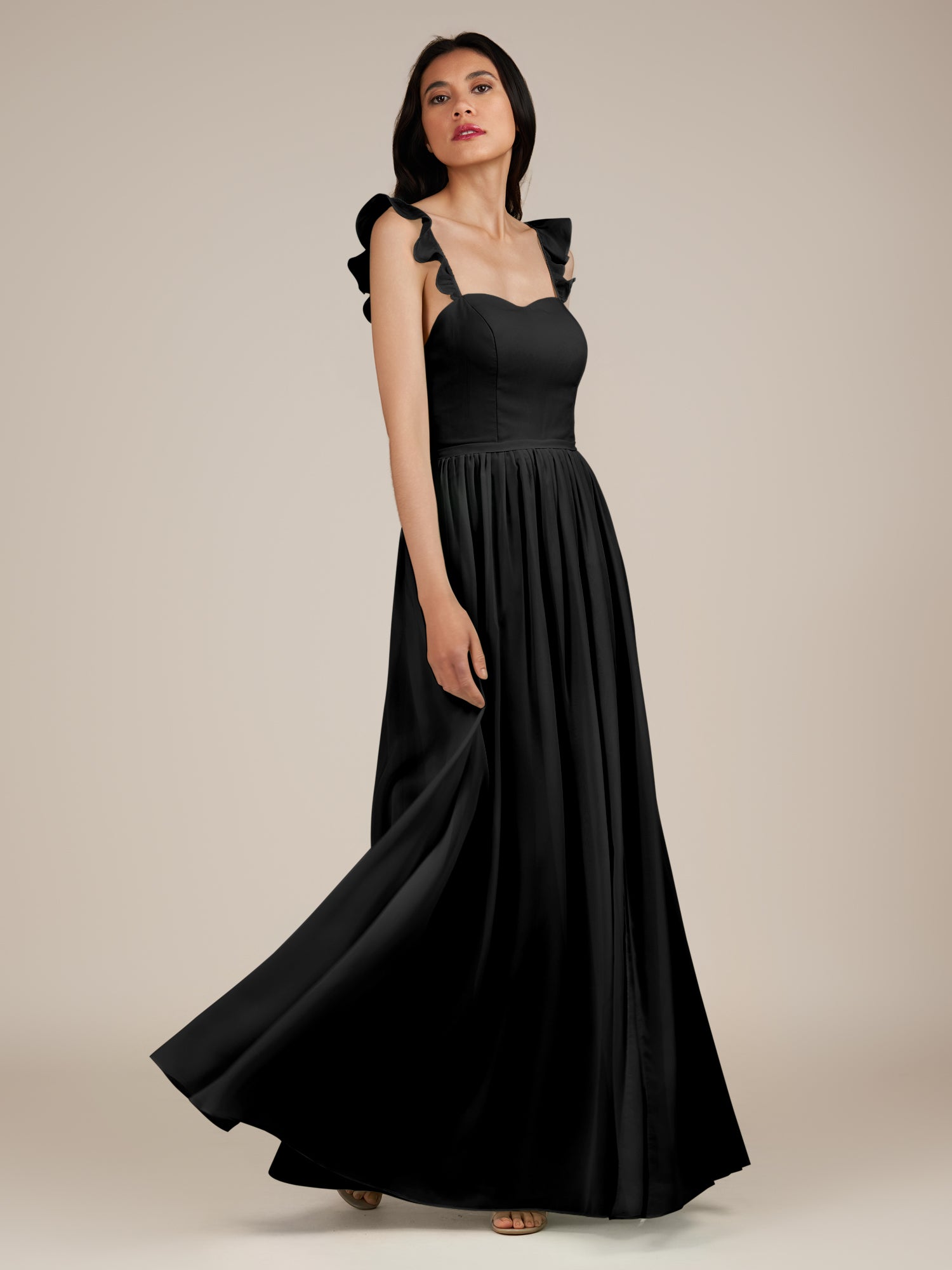 KissDress-Onyx Black A Line Sweetheart Chiffon Ruffled Long Bridesmaid Dress with Slit