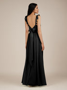 KissDress-Onyx Black A Line Sweetheart Chiffon Ruffled Long Bridesmaid Dress with Slit
