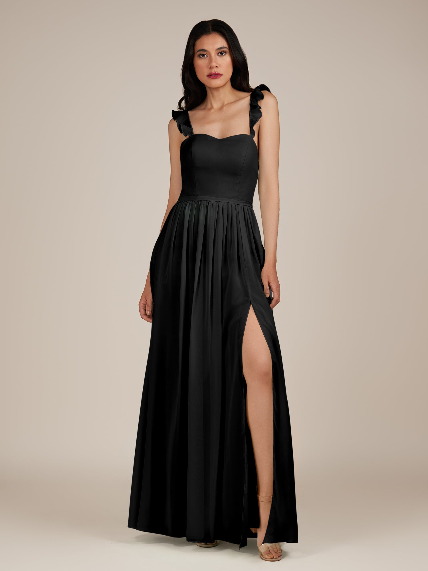 KissDress-Onyx Black A Line Sweetheart Chiffon Ruffled Long Bridesmaid Dress with Slit