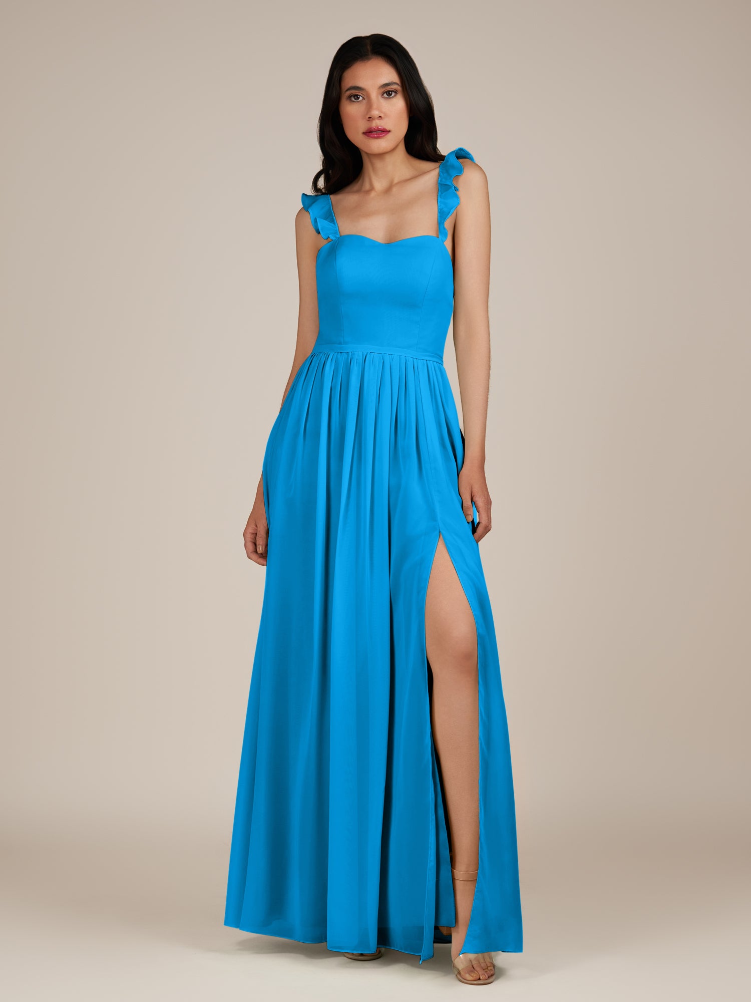 KissDress-Onyx Blue Jay A Line Sweetheart Chiffon Ruffled Long Bridesmaid Dress with Slit