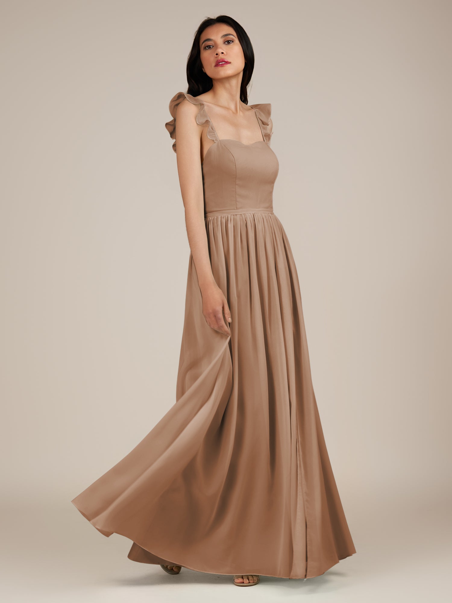 KissDress-Onyx Bronzer A Line Sweetheart Chiffon Ruffled Long Bridesmaid Dress with Slit